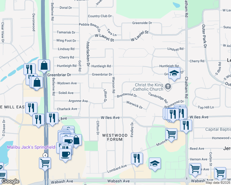 map of restaurants, bars, coffee shops, grocery stores, and more near 2218-2230 Warson Rd in Springfield