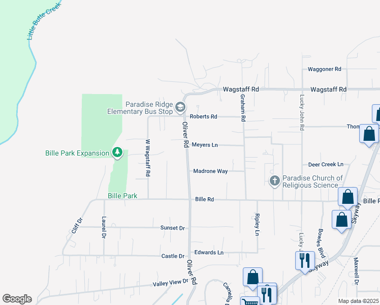 map of restaurants, bars, coffee shops, grocery stores, and more near 6292 Oliver Road in Paradise
