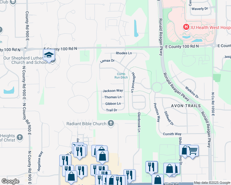 map of restaurants, bars, coffee shops, grocery stores, and more near 9741 Jackson Way in Avon