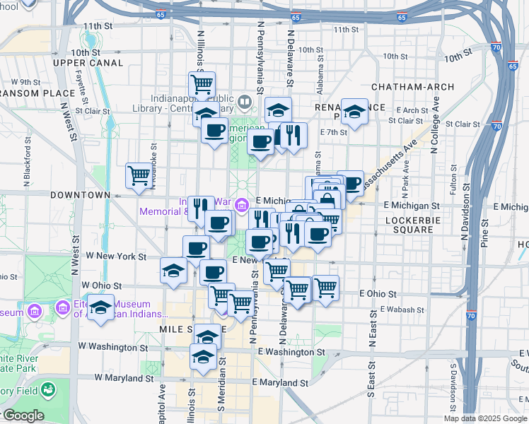 map of restaurants, bars, coffee shops, grocery stores, and more near 455 North Pennsylvania Street in Indianapolis