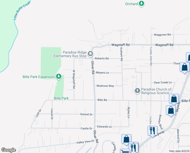 map of restaurants, bars, coffee shops, grocery stores, and more near 6292 Oliver Road in Paradise