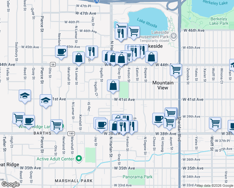 map of restaurants, bars, coffee shops, grocery stores, and more near 4205 Gray Street in Wheat Ridge