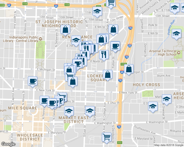 map of restaurants, bars, coffee shops, grocery stores, and more near 549 Lockerbie Circle North in Indianapolis