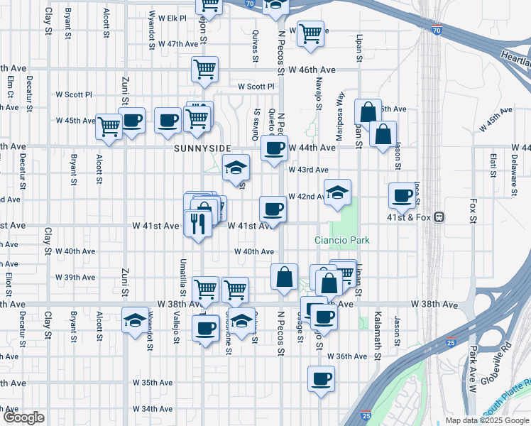 map of restaurants, bars, coffee shops, grocery stores, and more near 4128 Quivas Street in Denver