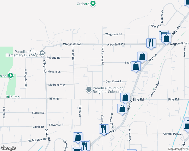 map of restaurants, bars, coffee shops, grocery stores, and more near in Paradise