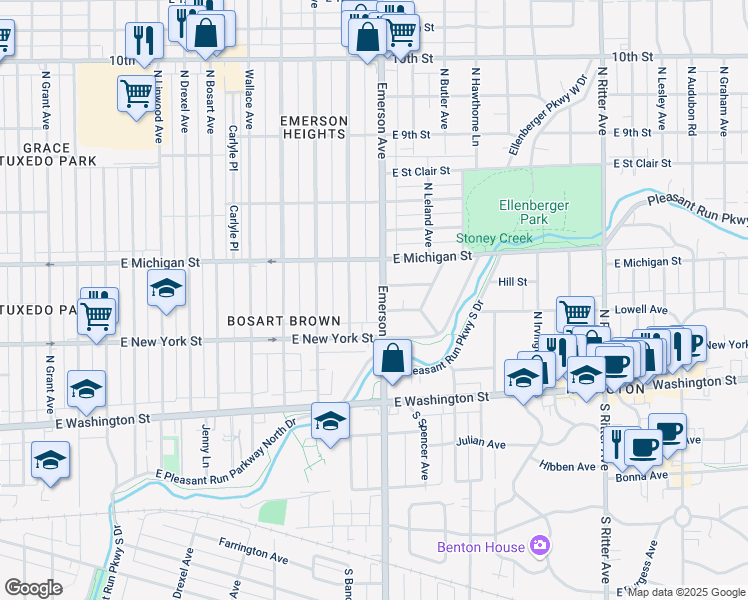 map of restaurants, bars, coffee shops, grocery stores, and more near 420 North Emerson Avenue in Indianapolis