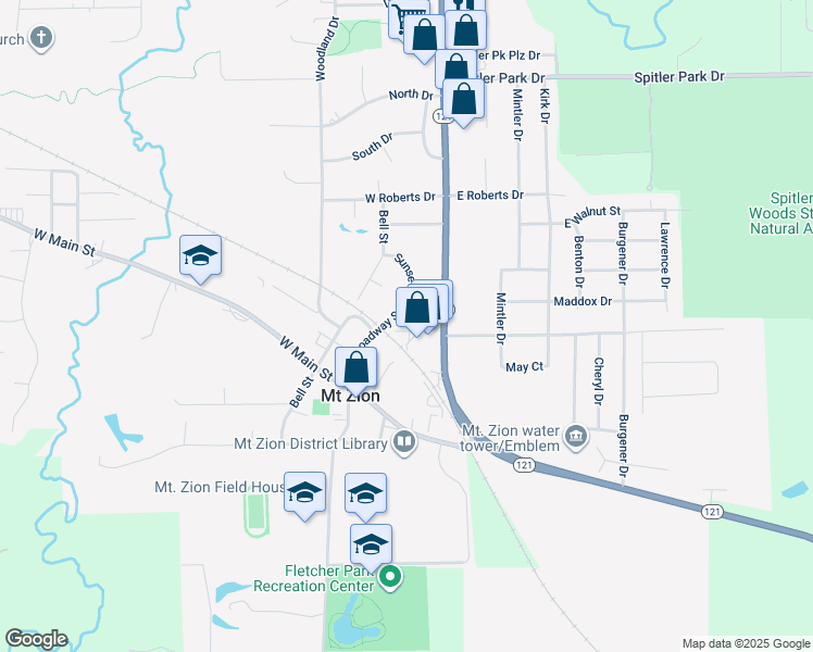 map of restaurants, bars, coffee shops, grocery stores, and more near 505 Sunset Drive in Mount Zion