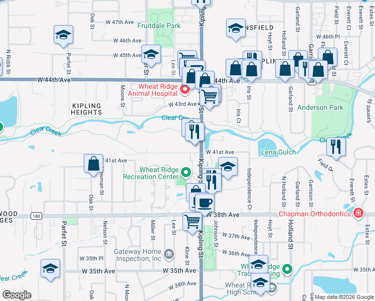 map of restaurants, bars, coffee shops, grocery stores, and more near 4131 Kipling Street in Wheat Ridge