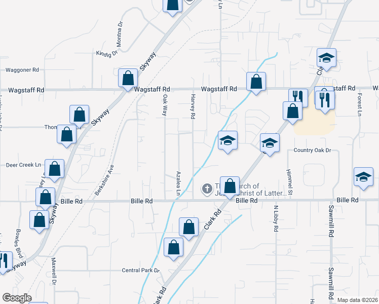 map of restaurants, bars, coffee shops, grocery stores, and more near 6303 Harvey Road in Paradise