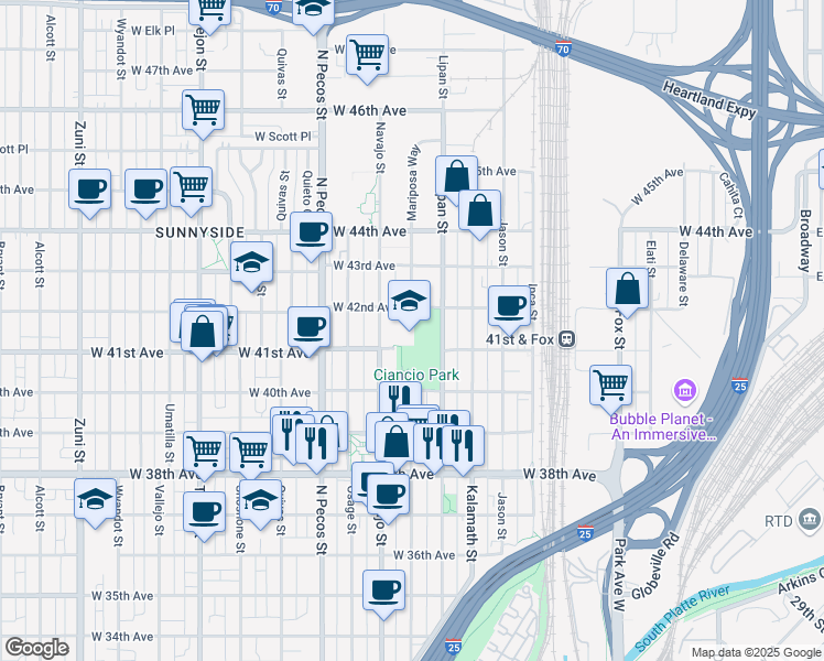 map of restaurants, bars, coffee shops, grocery stores, and more near 4130 Navajo Street in Denver