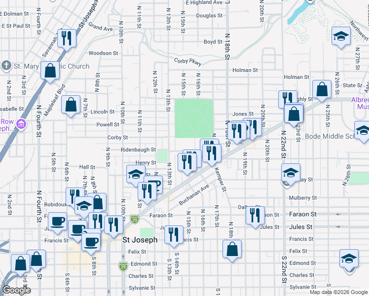 map of restaurants, bars, coffee shops, grocery stores, and more near 807 North 13th Street in Saint Joseph