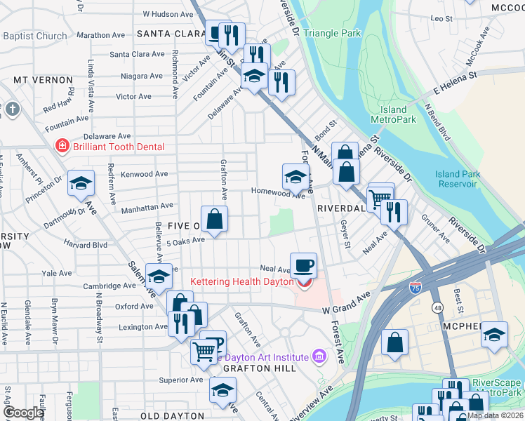 map of restaurants, bars, coffee shops, grocery stores, and more near 1021 Old Orchard Avenue in Dayton