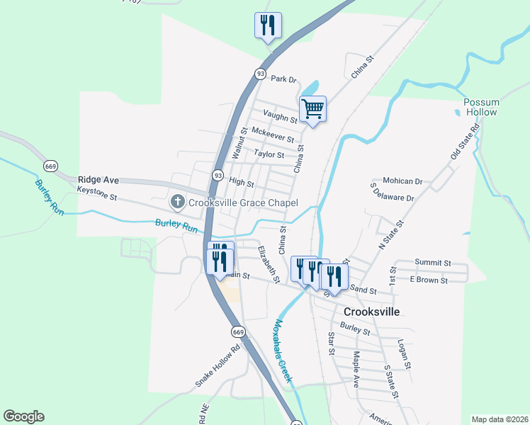 map of restaurants, bars, coffee shops, grocery stores, and more near 127 Ridge Avenue in Crooksville