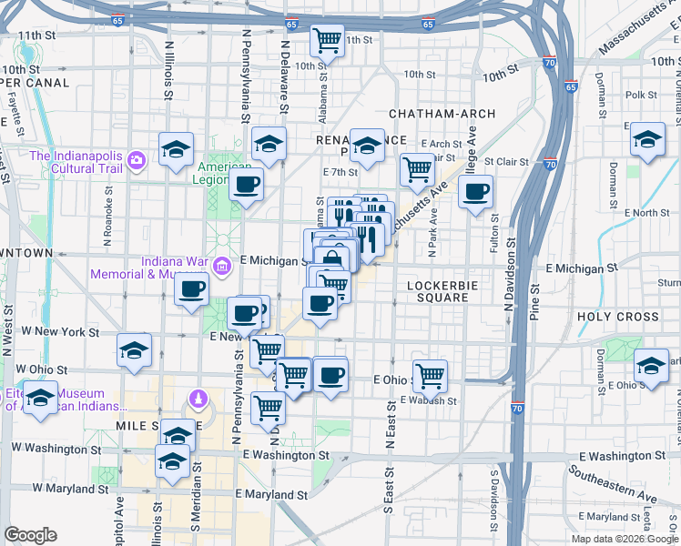 map of restaurants, bars, coffee shops, grocery stores, and more near 502 North New Jersey Street in Indianapolis