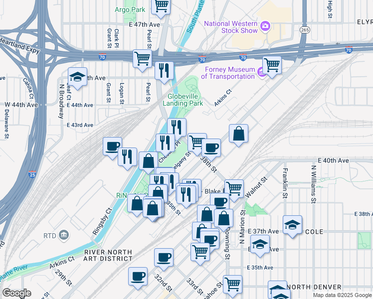 map of restaurants, bars, coffee shops, grocery stores, and more near in Denver