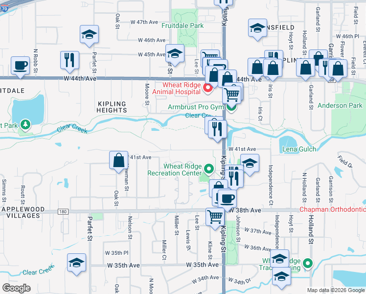 map of restaurants, bars, coffee shops, grocery stores, and more near 10335 West 41st Avenue in Wheat Ridge