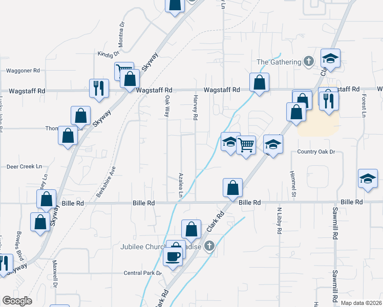 map of restaurants, bars, coffee shops, grocery stores, and more near 6291 Harvey Road in Paradise