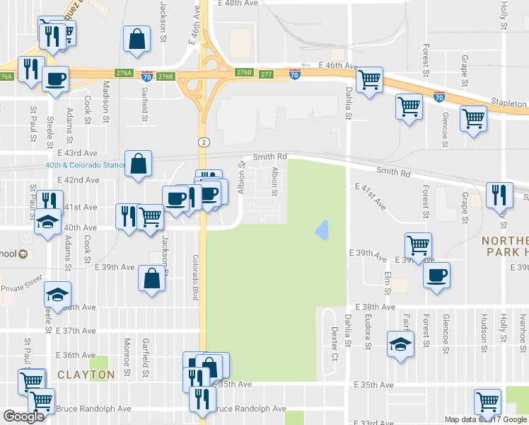 map of restaurants, bars, coffee shops, grocery stores, and more near 4080 Albion Street in Denver