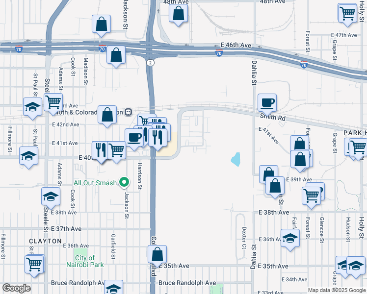 map of restaurants, bars, coffee shops, grocery stores, and more near 4055 Albion Street in Denver