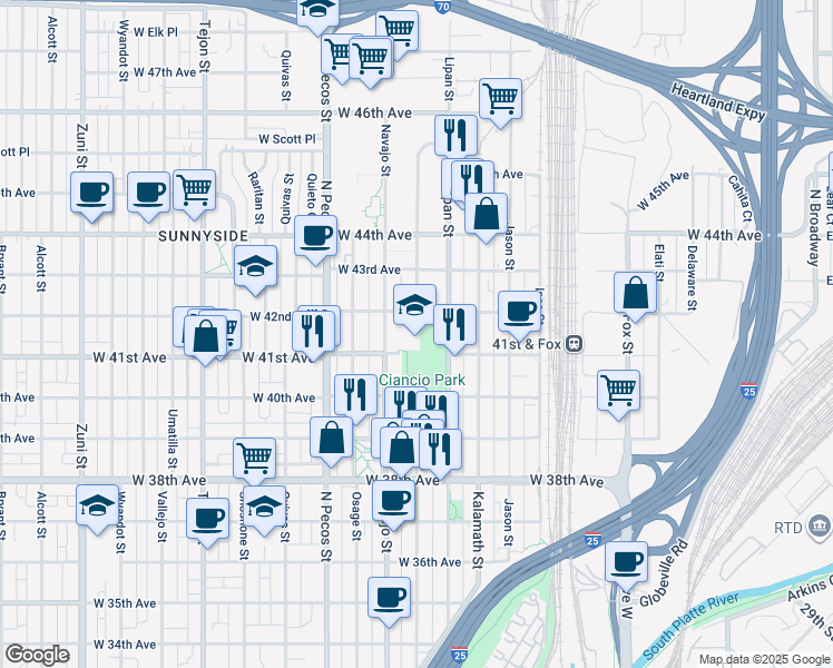 map of restaurants, bars, coffee shops, grocery stores, and more near 1294 West 42nd Avenue in Denver