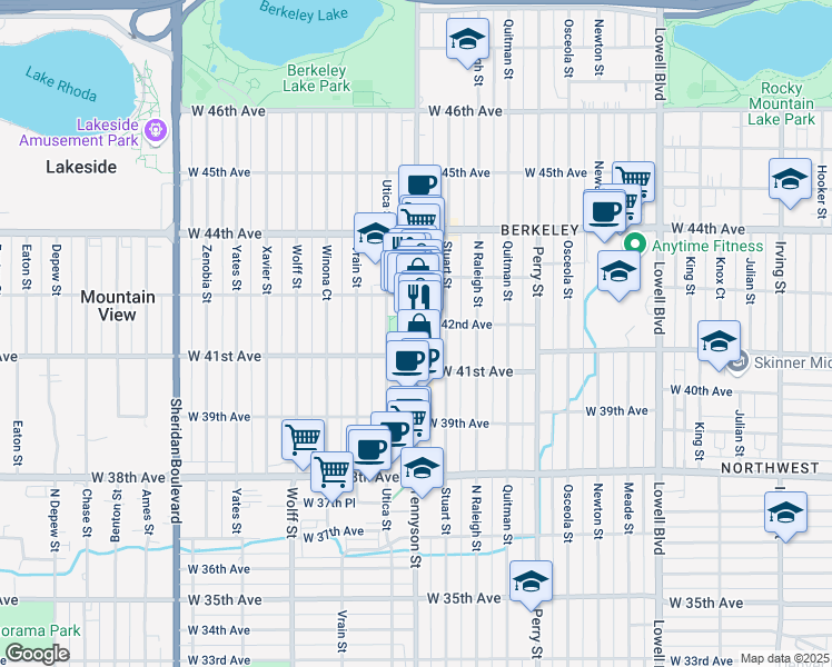 map of restaurants, bars, coffee shops, grocery stores, and more near 4385 West 42nd Avenue in Denver