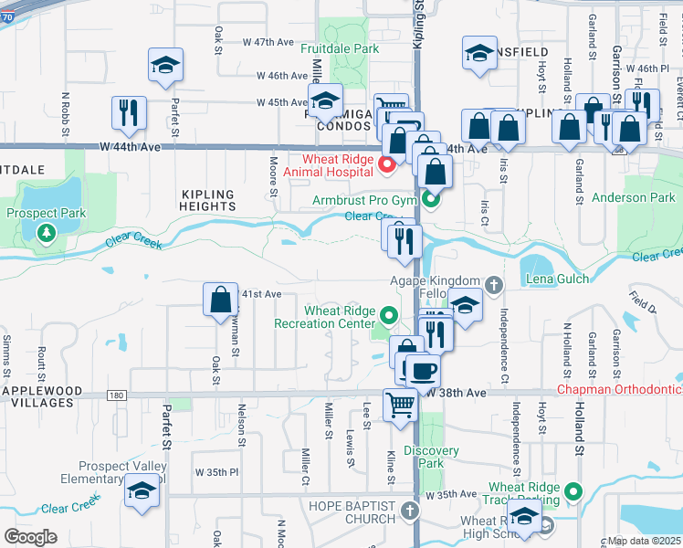 map of restaurants, bars, coffee shops, grocery stores, and more near 10297 West 41st Avenue in Wheat Ridge