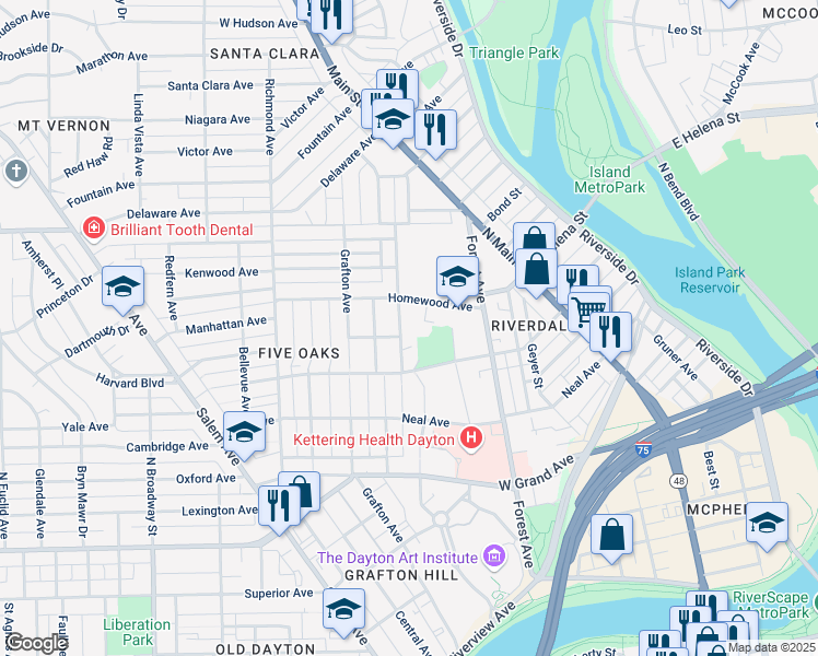 map of restaurants, bars, coffee shops, grocery stores, and more near 1021 Old Orchard Avenue in Dayton