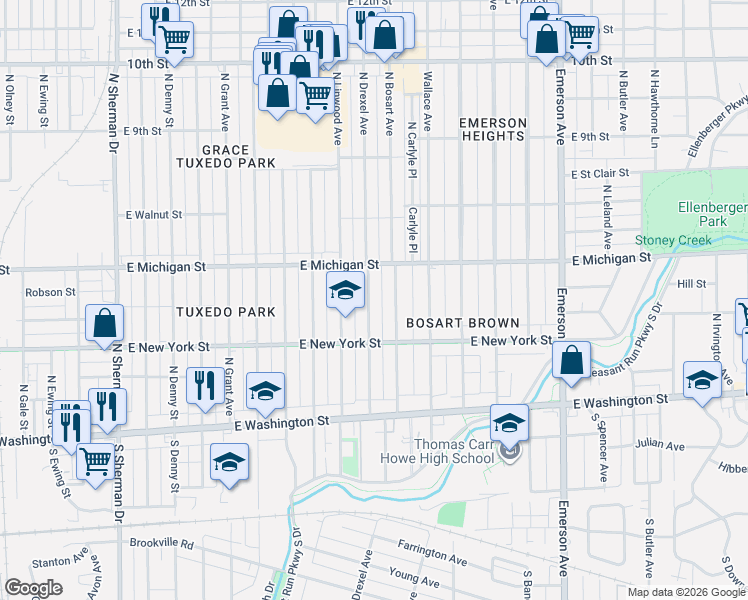 map of restaurants, bars, coffee shops, grocery stores, and more near 423 North Drexel Avenue in Indianapolis