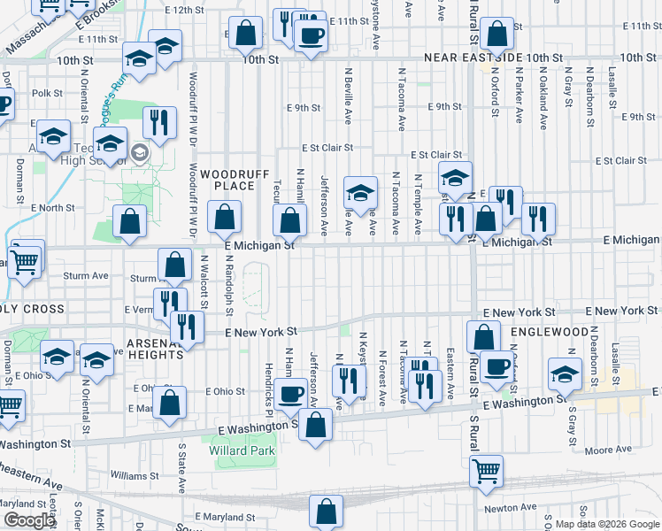 map of restaurants, bars, coffee shops, grocery stores, and more near 437 Jefferson Avenue in Indianapolis