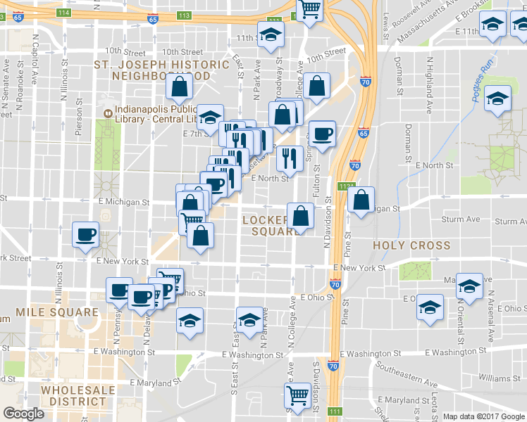 map of restaurants, bars, coffee shops, grocery stores, and more near 549-599 Lockerbie Circle North in Indianapolis
