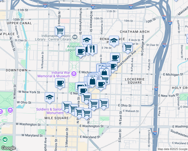 map of restaurants, bars, coffee shops, grocery stores, and more near 210 East Michigan Street in Indianapolis