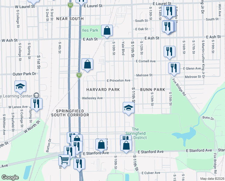 map of restaurants, bars, coffee shops, grocery stores, and more near 2322 South 9th Street in Springfield