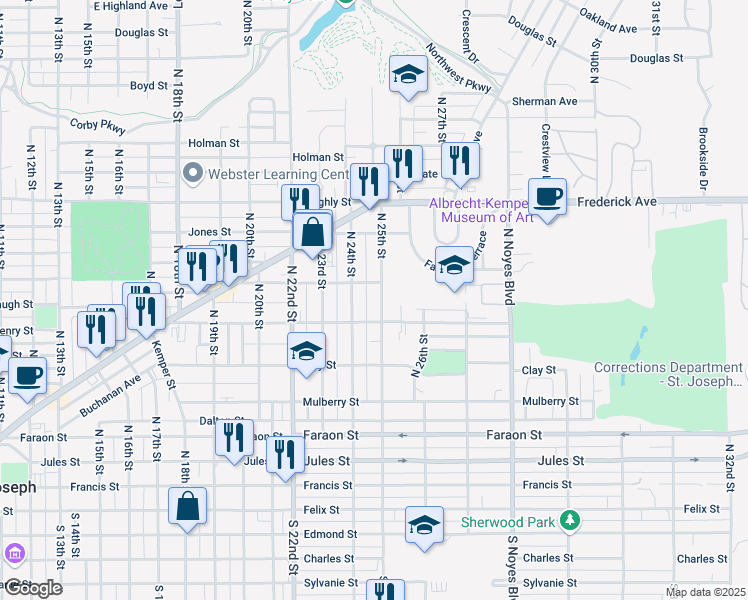 map of restaurants, bars, coffee shops, grocery stores, and more near 731 North 25th Street in Saint Joseph