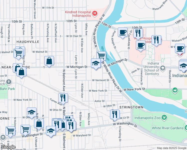 map of restaurants, bars, coffee shops, grocery stores, and more near 1635 West Michigan Street in Indianapolis
