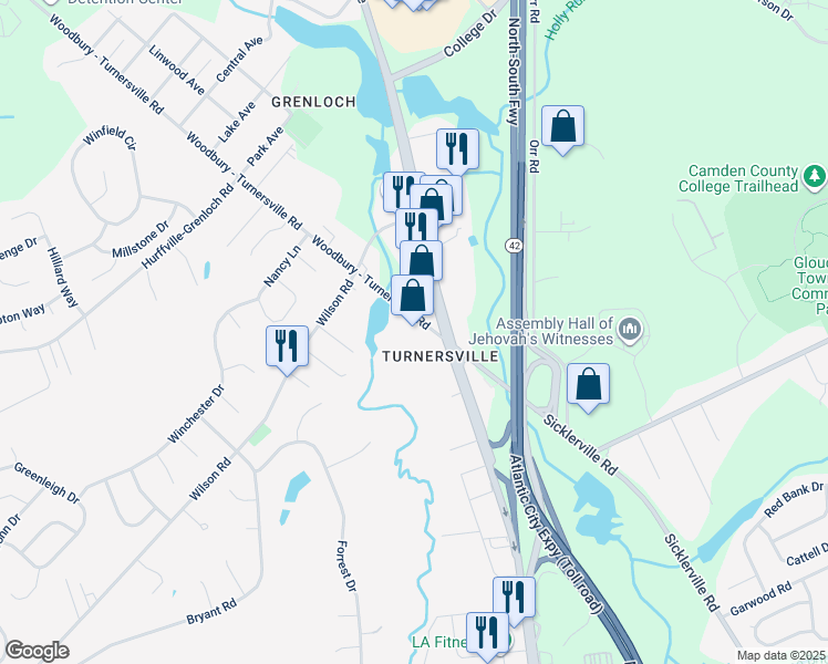 map of restaurants, bars, coffee shops, grocery stores, and more near 104 Woodbury - Turnersville Road in Washington Township