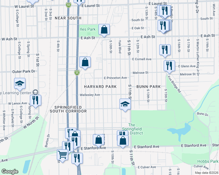 map of restaurants, bars, coffee shops, grocery stores, and more near 2322 South 9th Street in Springfield