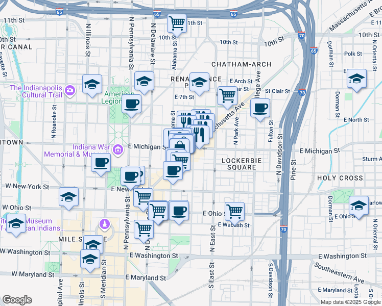 map of restaurants, bars, coffee shops, grocery stores, and more near 459 Massachusetts Avenue in Indianapolis