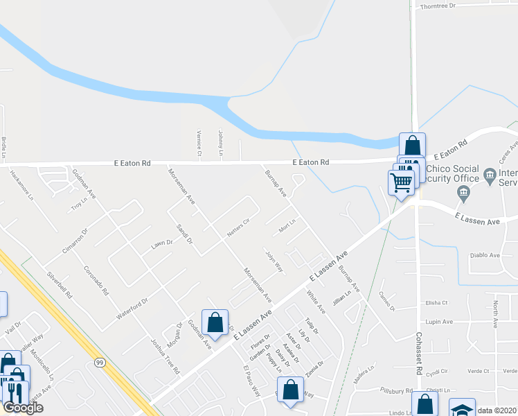 map of restaurants, bars, coffee shops, grocery stores, and more near 864 Netters Circle in Chico