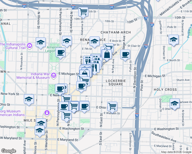 map of restaurants, bars, coffee shops, grocery stores, and more near 401 East Michigan Street in Indianapolis
