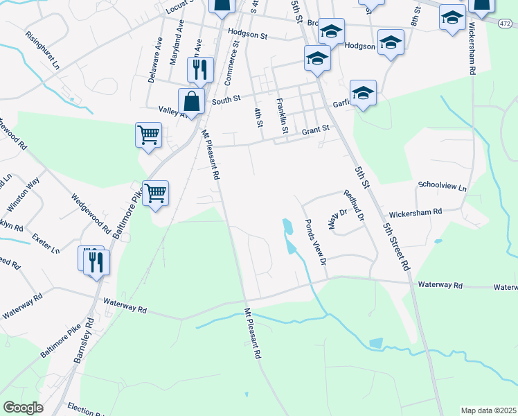 map of restaurants, bars, coffee shops, grocery stores, and more near 495 Waterway Rd in Oxford