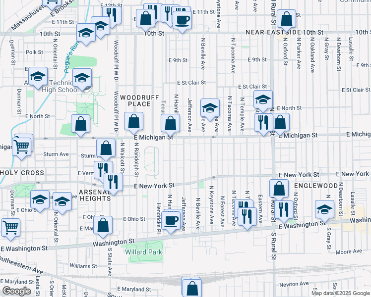 map of restaurants, bars, coffee shops, grocery stores, and more near 427 Jefferson Avenue in Indianapolis