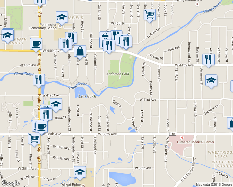 map of restaurants, bars, coffee shops, grocery stores, and more near 4083 Field Drive in Wheat Ridge