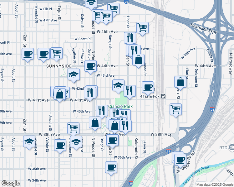 map of restaurants, bars, coffee shops, grocery stores, and more near 4130 Navajo Street in Denver