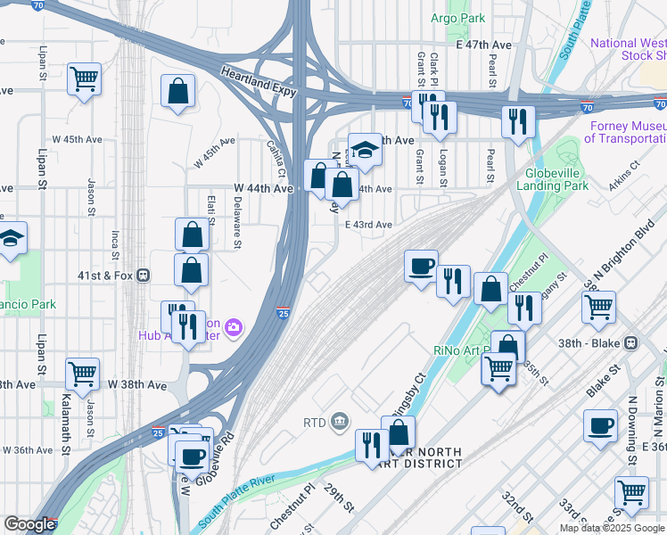 map of restaurants, bars, coffee shops, grocery stores, and more near 4215 Globeville Road in Denver