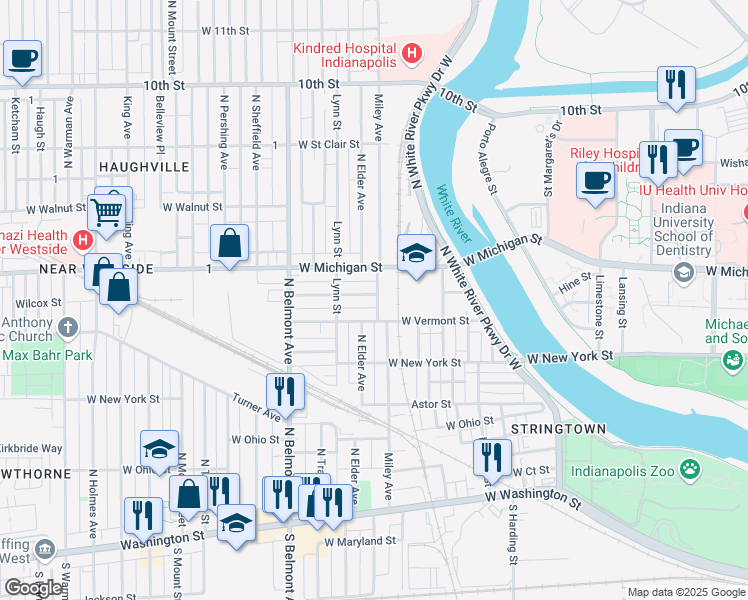 map of restaurants, bars, coffee shops, grocery stores, and more near 1803 Wilcox Street in Indianapolis
