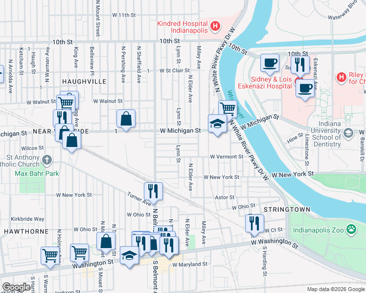 map of restaurants, bars, coffee shops, grocery stores, and more near 1914 Wilcox Street in Indianapolis