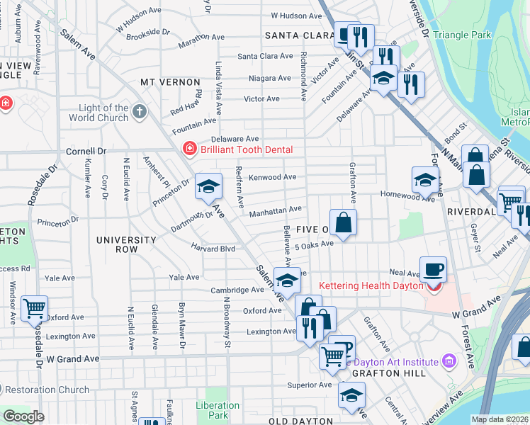 map of restaurants, bars, coffee shops, grocery stores, and more near 943 Manhattan Avenue in Dayton