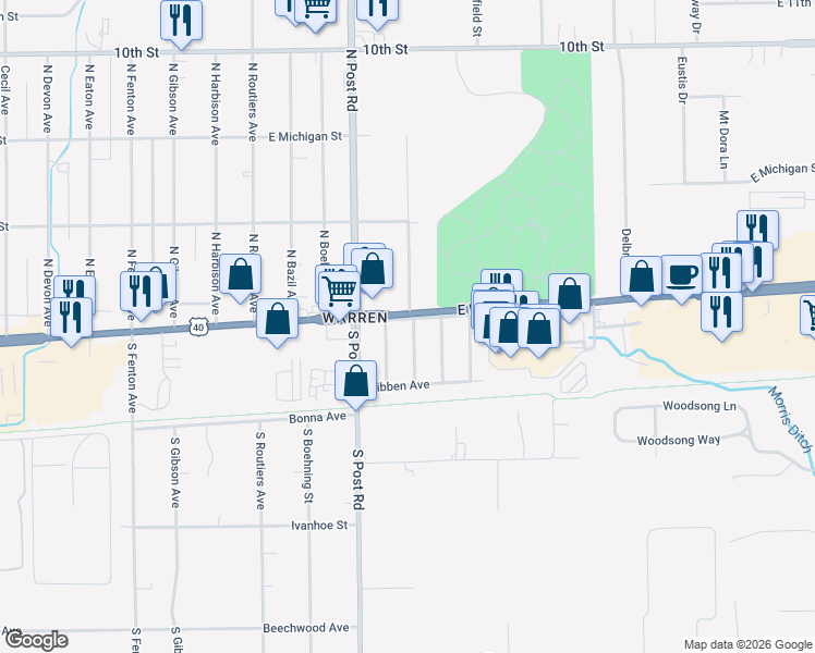 map of restaurants, bars, coffee shops, grocery stores, and more near in Indianapolis
