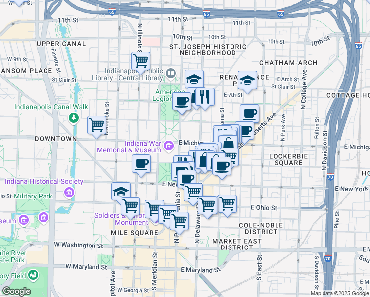 map of restaurants, bars, coffee shops, grocery stores, and more near 429 North Pennsylvania Street in Indianapolis