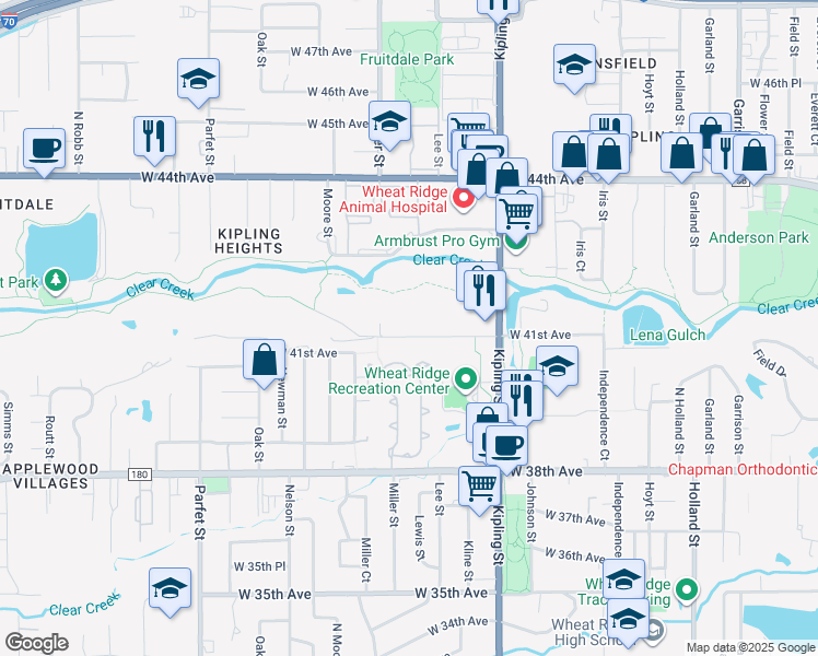 map of restaurants, bars, coffee shops, grocery stores, and more near 10297 West 41st Avenue in Wheat Ridge